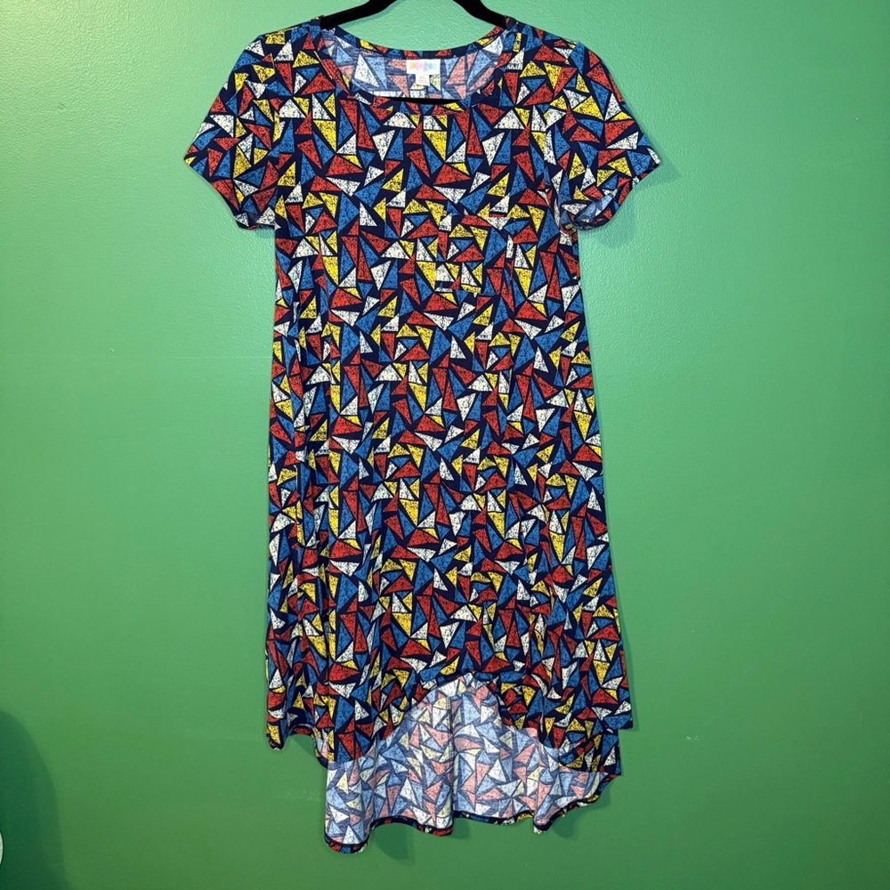 LuLaRoe High Low Dress with Blue and Red Geometric Pattern